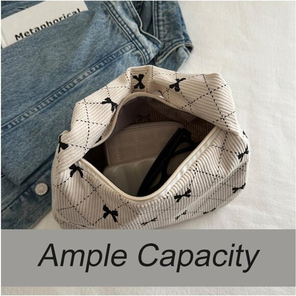 Women's Corduroy Bow Print Tote Bag Small Shoulder Handbag Travel Wallet - Picture 4 of 7